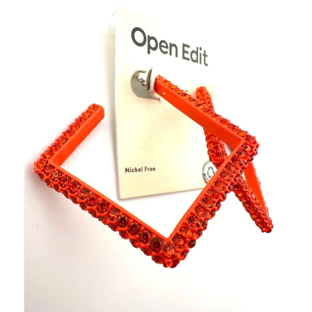 OPEN EDIT Neon Orange Square Hoop Stud Earrings NWT 1980's - Picture 2 of 3